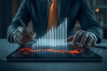 Businessman analyzing financial growth chart on tablet, digital data visualization, stock market trends, business analytics, investment strategy