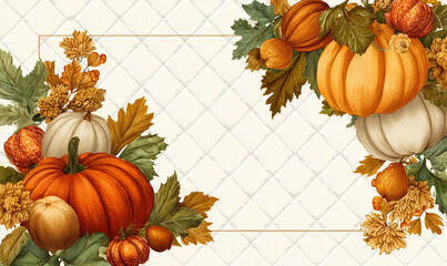 Artisan stitched look with patchwork pumpkins and fall leaves in quilted corner accents high quality botanical or fruit border around all edges, empty white center, seamless design, flat top-down view