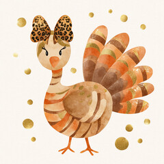 A whimsical full-length illustration of a turkey in a fun watercolor style. Festive atmosphere. White background with golden baubles. Thanksgiving Day.