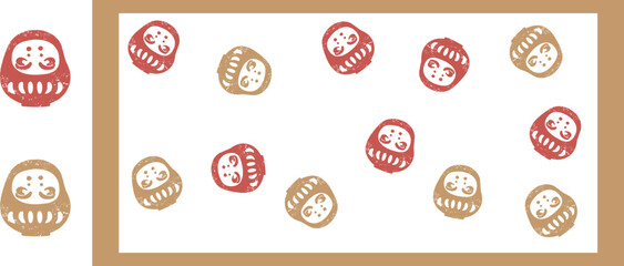 だるまの版画風イラストとパターン素材　正月アイコン　スタンプ　年賀状