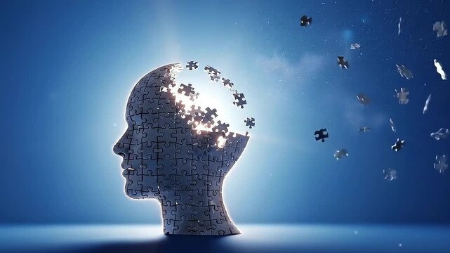 Silhouette of Human Head with Exploding Puzzle Pieces on Blue Background Representing Cognitive Decline and Memory Loss in Alzheimer's Disease with Bright Lighting