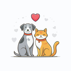 Cartoon happy dog and cat with a heart illustration