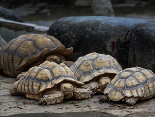 Group of African Spurred Tortoises Resting Together on the Ground