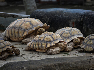 Obraz premium Group of African Spurred Tortoises Resting Together on the Ground