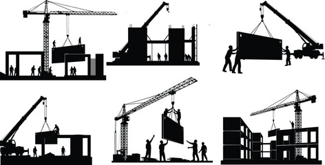 Naklejka premium Silhouette vector illustration of construction workers with cranes and trucks lifting panels, teamwork, heavy machinery, building structures, labor, infrastructure, and industry