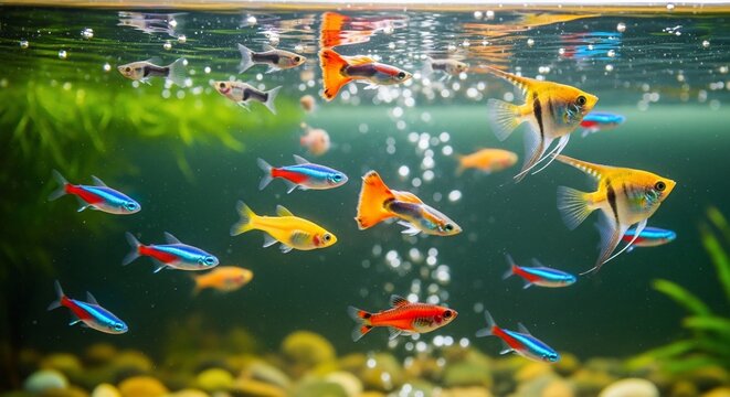 Colorful Freshwater Aquarium - Guppies, Angelfish, and Tetras Swimming Among Green Plants and Bubbles.