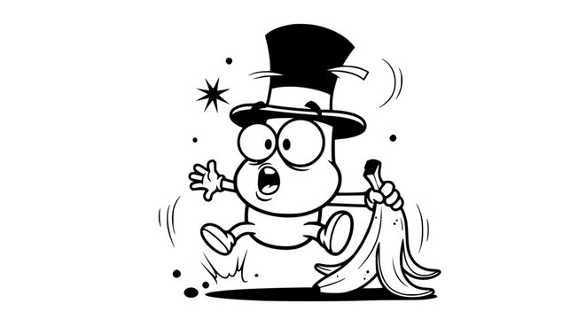 Cartoon character wearing a top hat slipping on a banana peel
