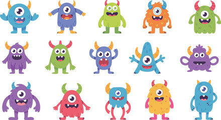 Obraz premium cute cartoon monsters collection, colorful funny fantasy creatures with horns, adorable kids character design, playful vector illustration for children, halloween art