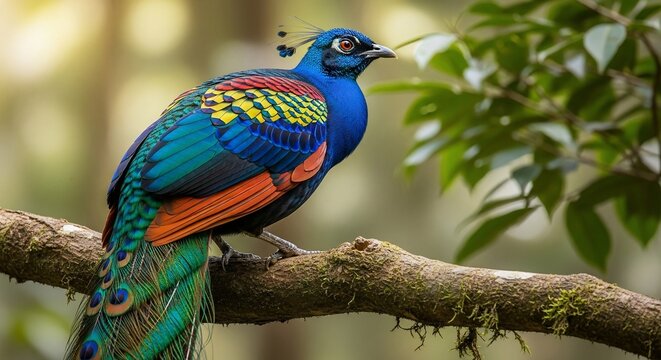 Himalayan Monal perched on a branch, showcasing vibrant blue, green, and orange plumage in a natural setting.