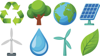 Eco friendly icons collection with recycle symbol, solar panel, wind turbine, green leaf, earth globe, tree, water drop illustration