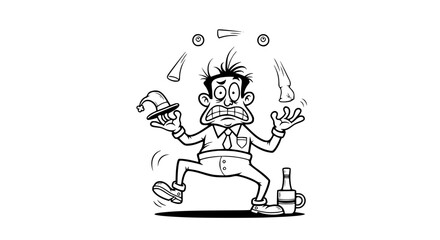 Man Struggling to Juggle Multiple Objects in Stressful Situation