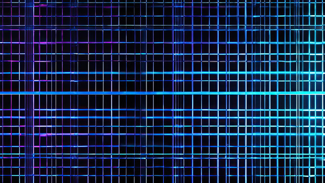 Abstract geometric grid with vibrant neon blue and purple light streaks on black background - Powered by Adobe