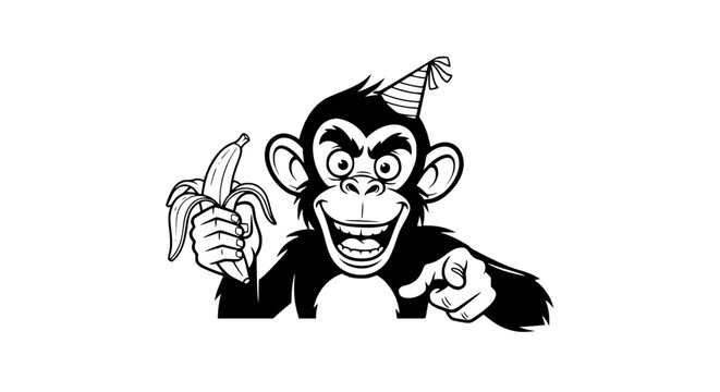 Funny Cartoon Monkey Wearing Party Hat Holding Banana and Pointing