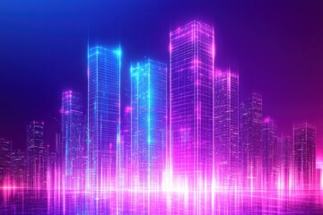Fototapeta premium Electric Cityscape: A mesmerizing digital rendering of a futuristic cityscape, bathed in vibrant neon hues of purple and blue, pulsating with energy and innovation, with bright light in city.
