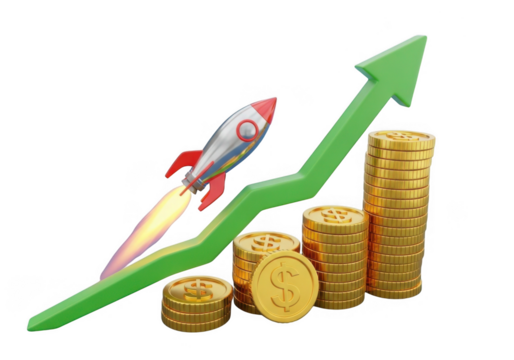 Rocket launch symbolizing financial growth and increasing wealth isolated on transparent background
