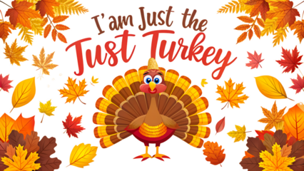 Funny thanksgiving cartoon turkey with autumn leaves and the text i am just the just turkey, perfect for holiday greetings isolated on transparent background