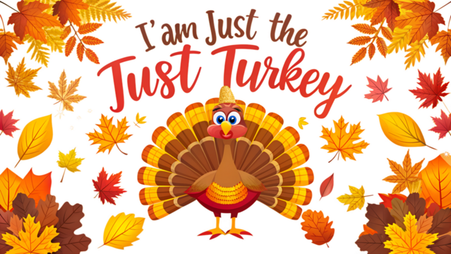 Funny thanksgiving cartoon turkey with autumn leaves and the text i am just the just turkey, perfect for holiday greetings isolated on transparent background