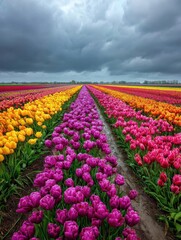 a panoramic view of a colorful tulip field in noordoostpolder