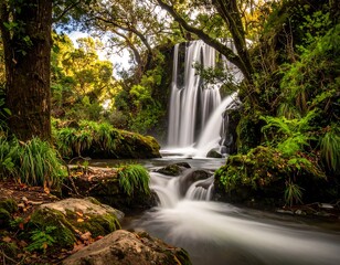 A stunning waterfall cascading through a lush green forest