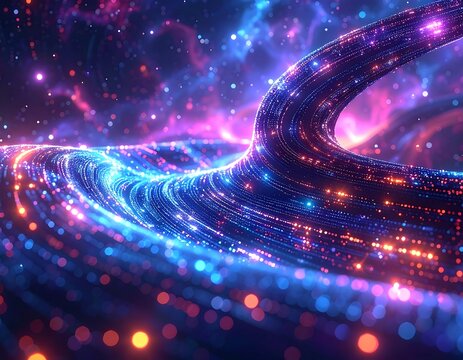 Abstract spiral with glowing particle lines and nebulae background