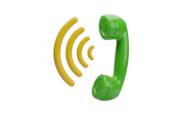 Green retro telephone handset with yellow sound waves isolated on transparent background