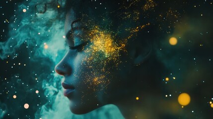 A mesmerizing profile of a woman, with cosmic colors and stars blending into her hair and face, showcasing the beauty of the universe.
