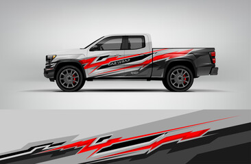 Red and gray pickup truck wrap design with aggressive dynamic stripes. Ideal for racing or performance truck wraps. Provided in editable vector EPS format. © Wrapin