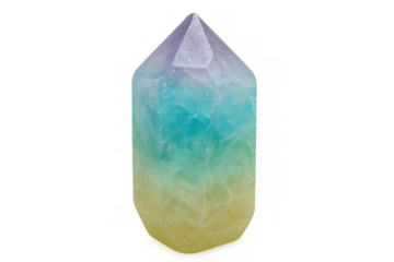 Rainbow fluorite crystal tower with gradient colors for healing and energy concepts, transparent background