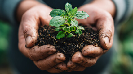 Hands Holding Green Plant in Soil