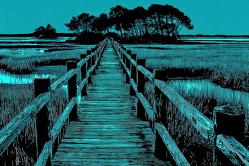 Fototapeta premium Tranquil wooden boardwalk leading through a lush marsh landscape under an enchanting turquoise sky evoking a serene exploration of nature's untouched beauty captured with clarity