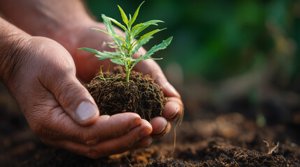 Hands Holding Green Plant in Soil