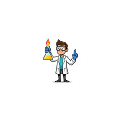 Scientist holding a flask with a fire flame
