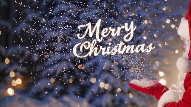 Santa Claus joyfully spreads snowflakes in a beautiful winter setting, creating a festive atmosphere while wishing everyone a Merry Christmas with warm greetings