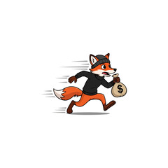 Cartoon fox thief running with money bag