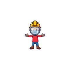 Cartoon character in protective gear with face shield