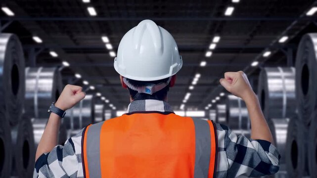 Close Up Back View Of A Male Engineer With Safety Helmet Raising His Hands Celebrating While Working with Stacks of Huge Metal Steel Coils