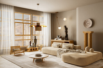 Modern japandi living room with wooden furniture, soft beige tones and natural light, minimalist interior 3D illustration