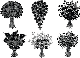 Black flower bouquet illustration, floral silhouette design, decorative botanical clipart, elegant flower vector, vintage bouquet art, floral arrangement graphic