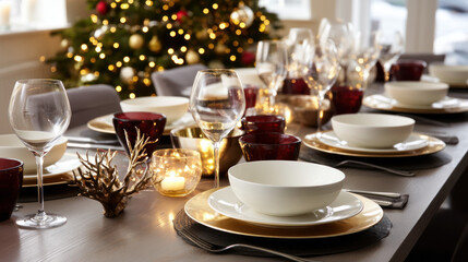 A Christmas dinner table set with festive plates and glasses, with space for text above. Merry Christmas and Happy Holidays greeting card, frame, and banner. New Year. Noel. Winter Christmas theme.