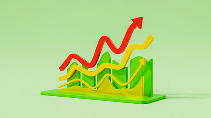 A 3D rendered financial chart graphic showing multiple overlapping line graphs on a light green background.