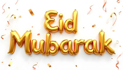 Golden 3D “Eid Mubarak” text with stars on a light background, symbolizing joy, festivity, and Islamic celebration in an elegant style.