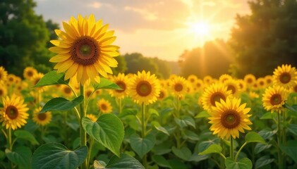 Fototapeta premium Golden Sunlight Bathes Vibrant Sunflower Field, Creating a Picturesque Park Scene Perfect for Relaxation and Enjoyment. Tall Sunflowers Tower Over Lush Green Landscape.