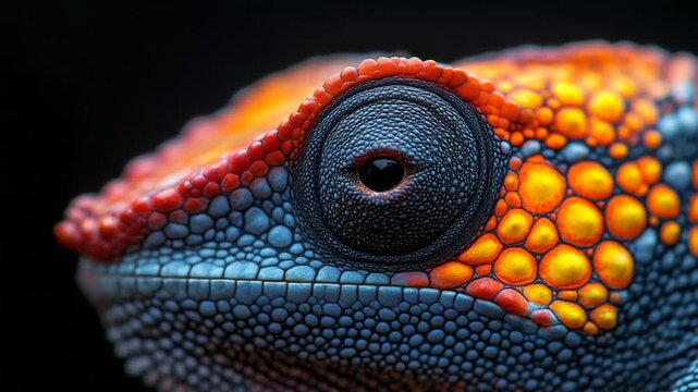 Close Up Macro Shot of a Vibrant Chameleon Eye and Skin Texture.