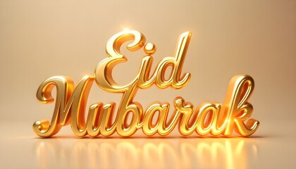 Golden 3D “Eid Mubarak” text on a soft light background with a shiny, elegant, and festive look.