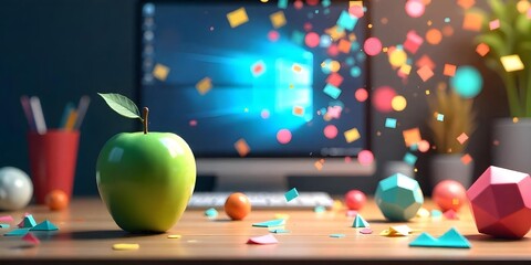 A green apple and geometric figures on a wooden table, a computer screen in the background with colorful confetti, in an office