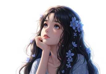 Beautiful anime girl with flowers in her hair looking up isolated on transparent background
