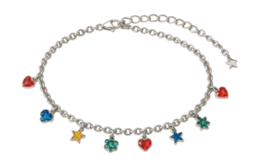 Sparkling anklet featuring removable, colorful charms.