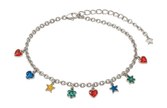 Sparkling anklet featuring removable, colorful charms.