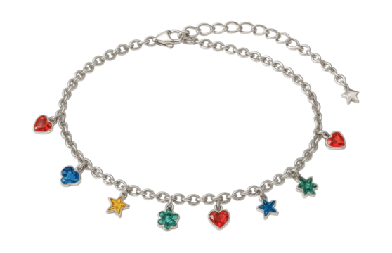 Sparkling anklet featuring removable, colorful charms.