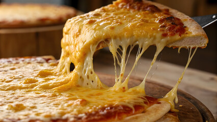 Delicious cheesy pizza slice being lifted showing gooey melted cheese pull macro shot